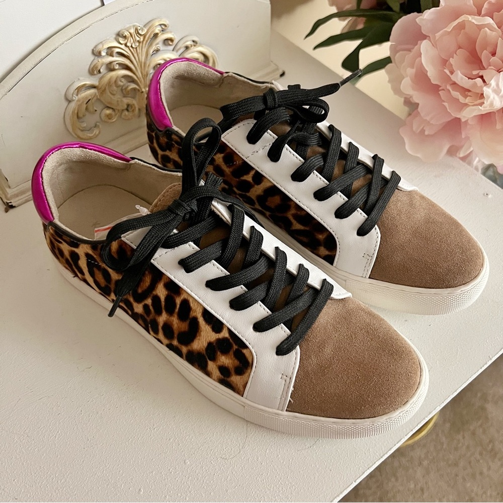 Leopard Calf Hair Suede Leather Lace Up Sneakers